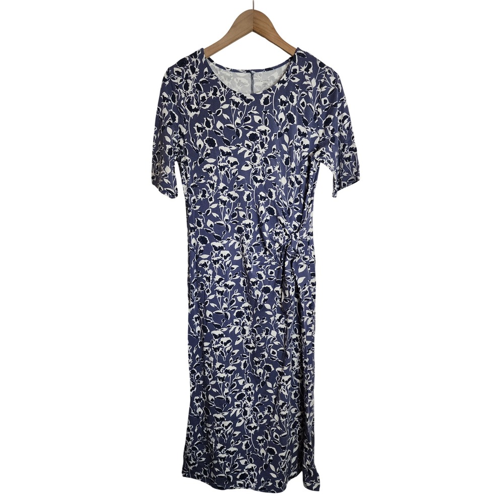 Garnet Hill Midi Dress Women M Blue Floral Tencel Lyocell Faux Wrap Short Sleeve